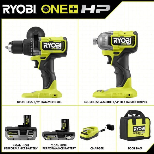 18V ONE+ HP BRUSHLESS CORDLESS 2-TOOL HAMMER DRILL / DRIVER, IMPACT DRIVER, 4.0 Ah, 2.0 Ah BATTERY, CHARGER, AND BAG