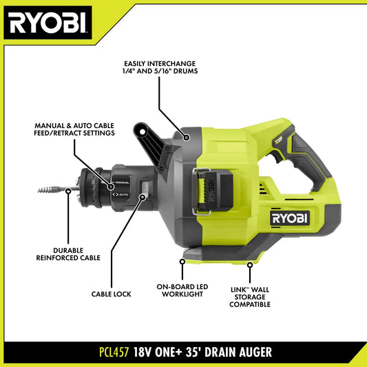 ONE+ 18V Cordless Drain Auger, Drain Clog Remover Tool w 35 ft Cable, LED Light, Cable Lock, Removable Drum (Tool Only)