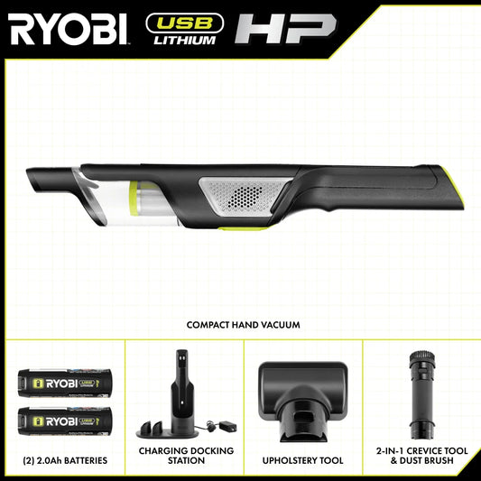 USB Lithium HP Compact Hand Vacuum Cleaner Kit with (2) USB Lithium 2.0 Ah Batteries and Charger