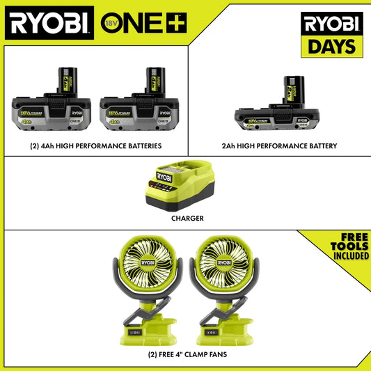 18V ONE+ LITHIUM HIGH PERFORMANCE STARTER KIT WITH (2) FREE 18V ONE+ 4" CLAMP FANS