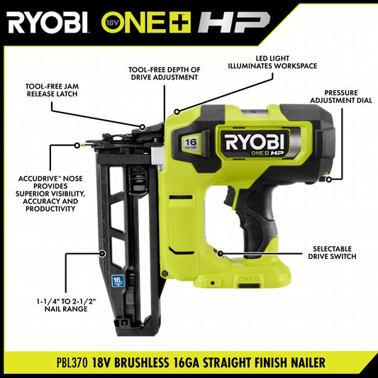 18V ONE+ HP 18V Brushless Cordless Nail Gun, 16-Gauge Straight Finish Nailer (Tool Only)