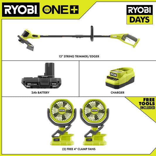 18V ONE+ 13" STRING TRIMMER/EDGER KIT WITH (2) FREE 18V ONE+ 4" CLAMP FANS