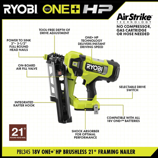 18V ONE+ HP Brushless AirStrike 21° Framing Nailer